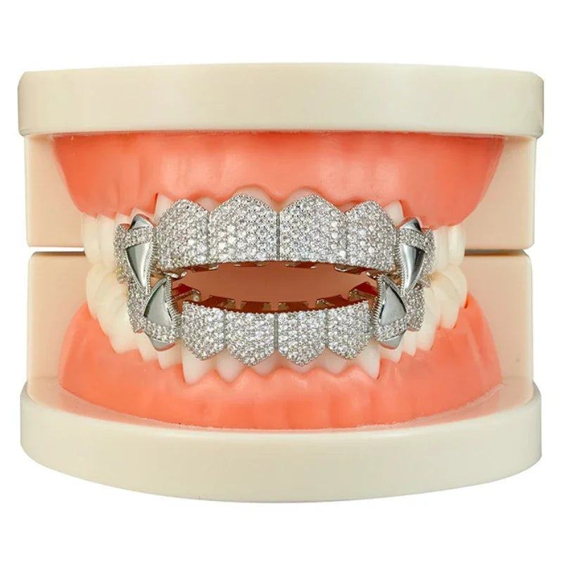 Hip Hop Full CZ Stones Teeth Grillz Caps Cubic Zircon Iced Out Micro Pave Top&Bottom Charm Grills For Men Women Jewelry