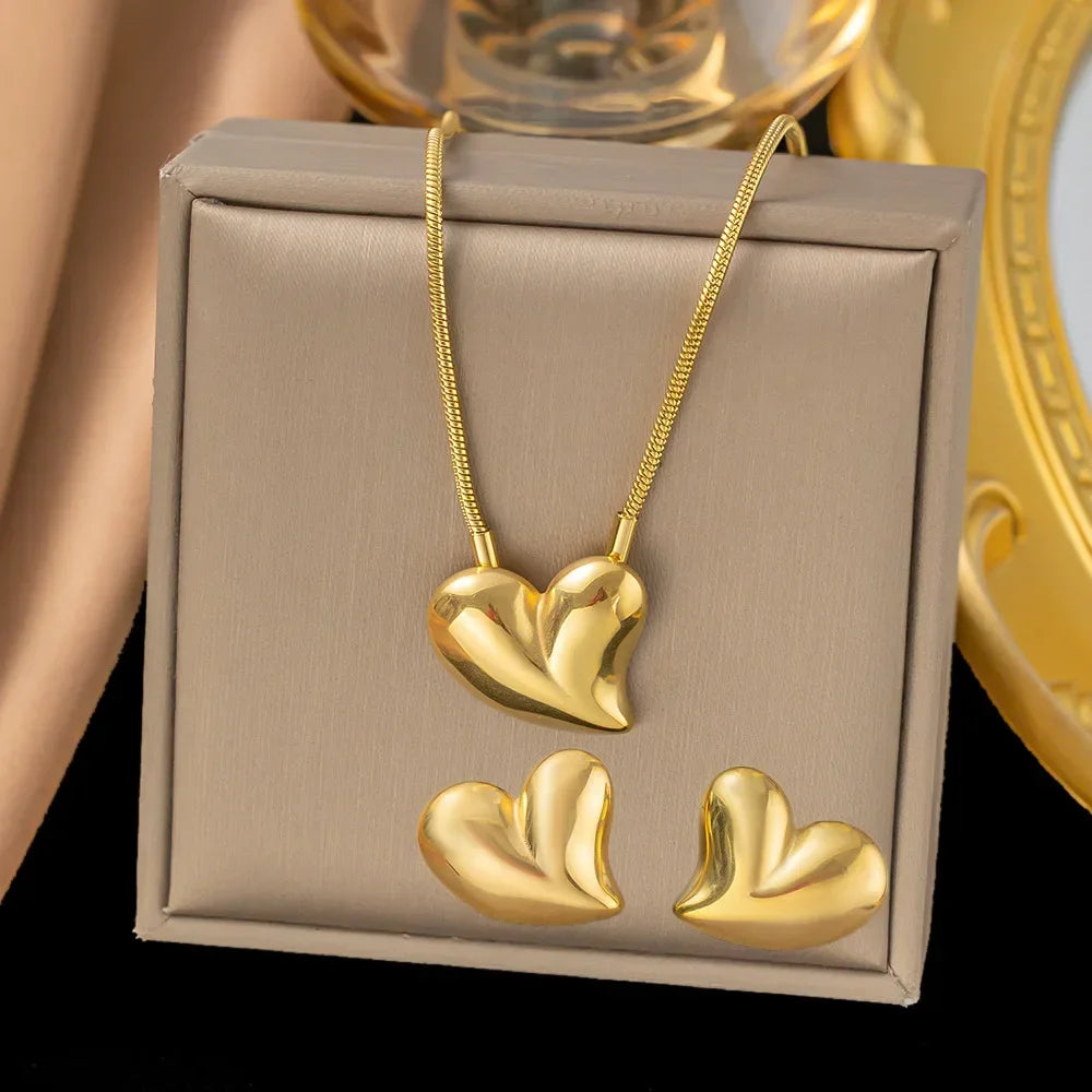 316L Stainless Steel Simplicity Golden Heart Necklace Earrings Womens Girl 2024 New LoveFashion Jewelry Set Party Gifts