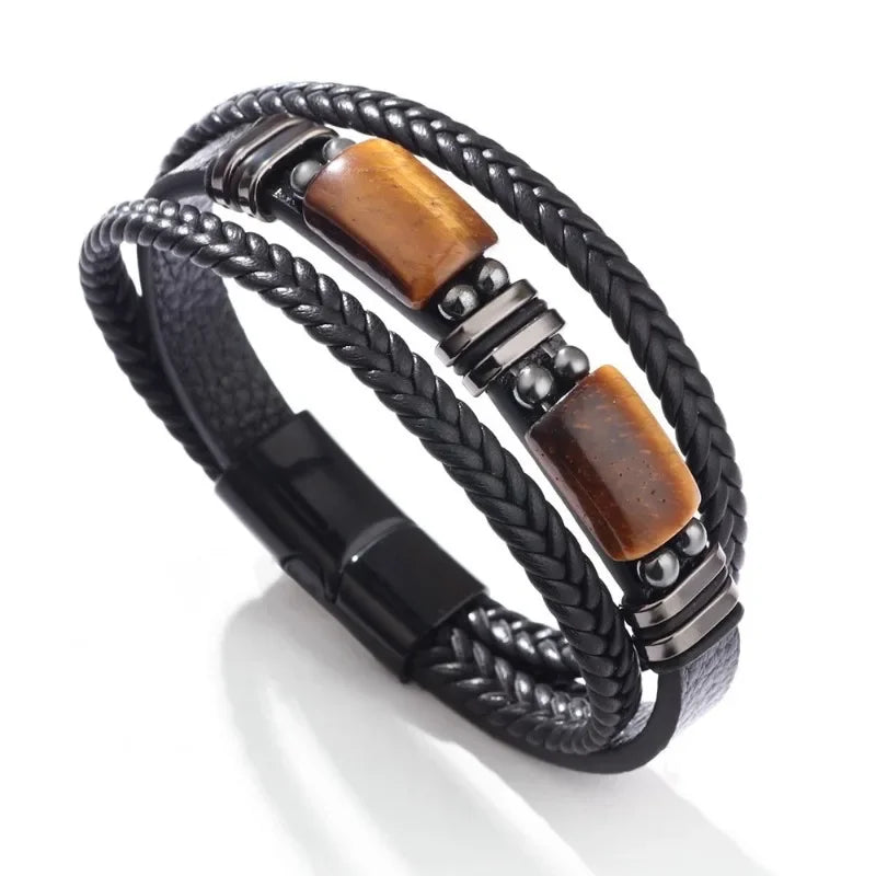 Tiger Eye Black Leather Bracelet Men Natural Gemstone Crystal Stone Jewelry Handmade Courage Stress Relief Protection Bracelet