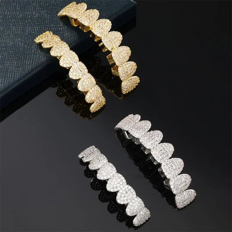 HipHop CZ Teeth Set For Unisex Top Bottom Mouth Gold Silver Color Teeth Tooth Cap Removable Dental Fashion Jewelry