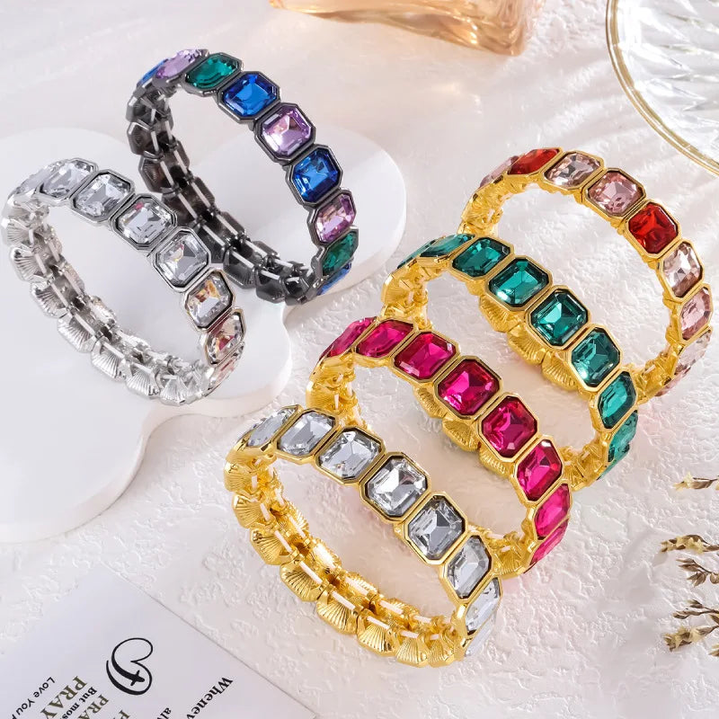 2024 Gold Color Crystal Bangle Handmade Square Shape Rhinestones Boho Women Tennis Bracelet Elastic Bohemian Zircon Jewelry