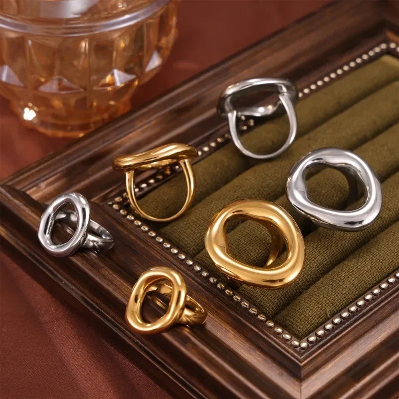 Fashion Minimalist Large Rings For Women Stainless Steel Gold Plated Waterproof Hip-hop Women's Finger Ring Aesthetic Jewelry