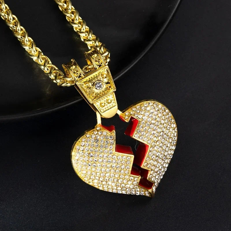 Men Hip Hop Chain Iced Out Bling Bling Heart Broke Pendant Necklace 5mm Miami Cuban Chain HipHop Necklaces Fashion Charm Jewelry