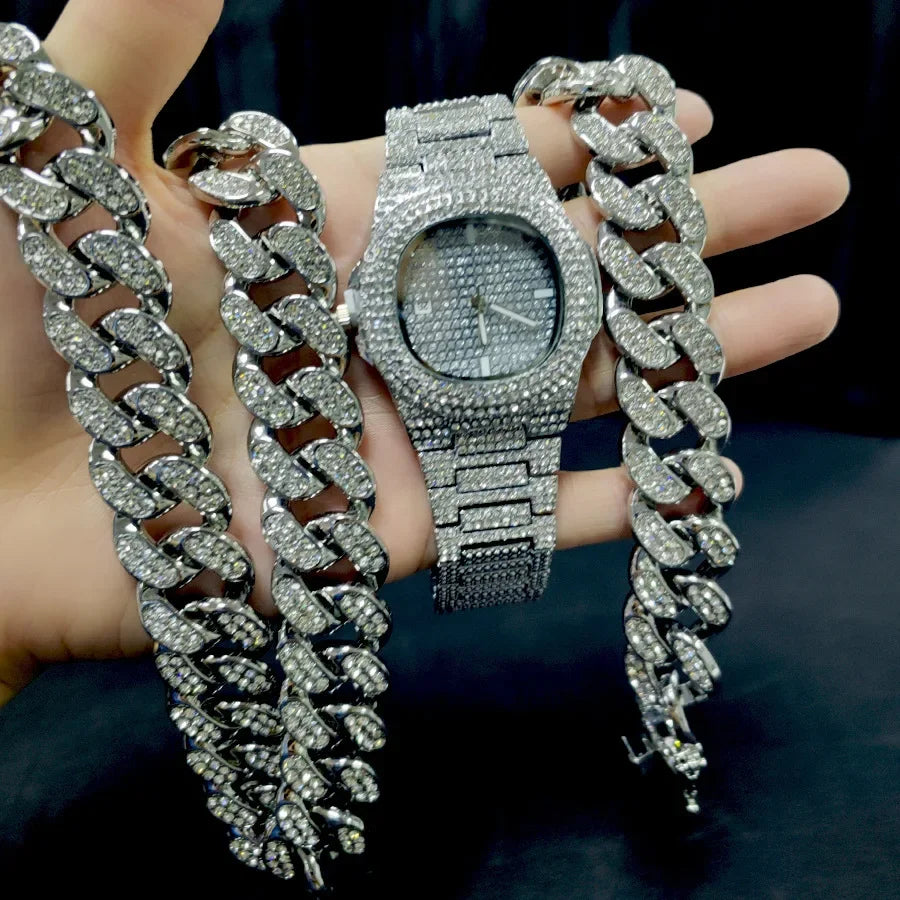 Gold Color Cuban Chain Watch for Men,Hip Hop Miami Curb,Iced Out Paved Rhinestones,Bling Rapper Necklace, Watch+Bracelet Jewelry