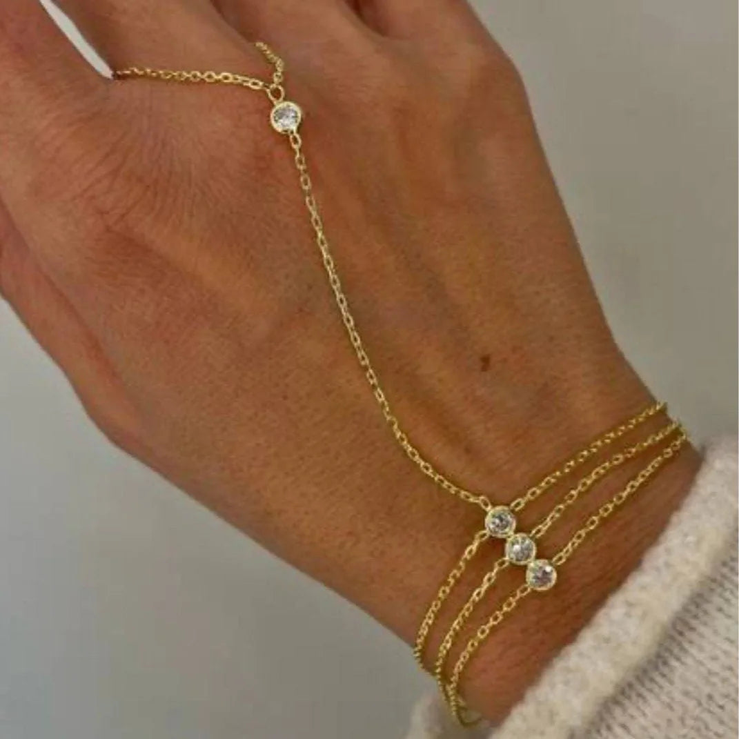 14K Gold Plated Titanium Fashion Bracelet for Women Triple Hand Chain Finger Bracelet with Zircon Crystal Jewelry Gifts for Girl