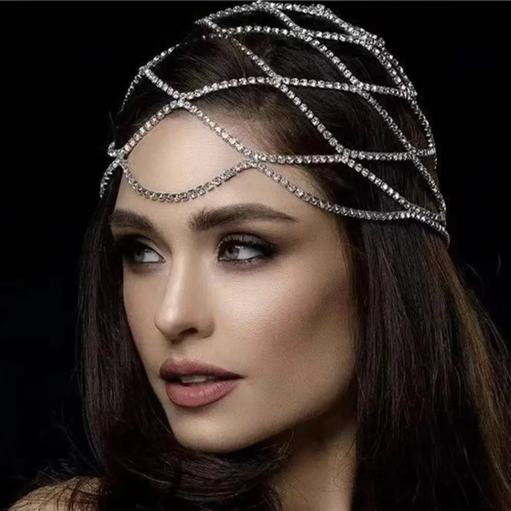 Hollow Rhinestone Mesh Headpiece Wedding Head Chain Jewelry for Women Luxury Crystal Headband Head Cap Hat Hair Accessories