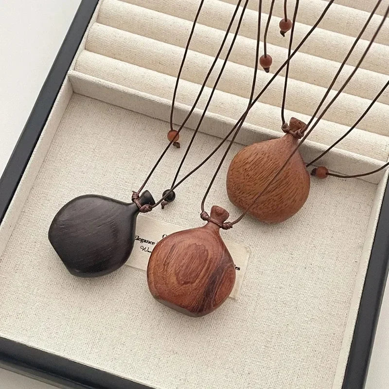 Cute Lovely Brown Black Color Wood Flagon Long Pendant Necklaces Adjustable Rope Chain Chokers for Women Birthday Gift