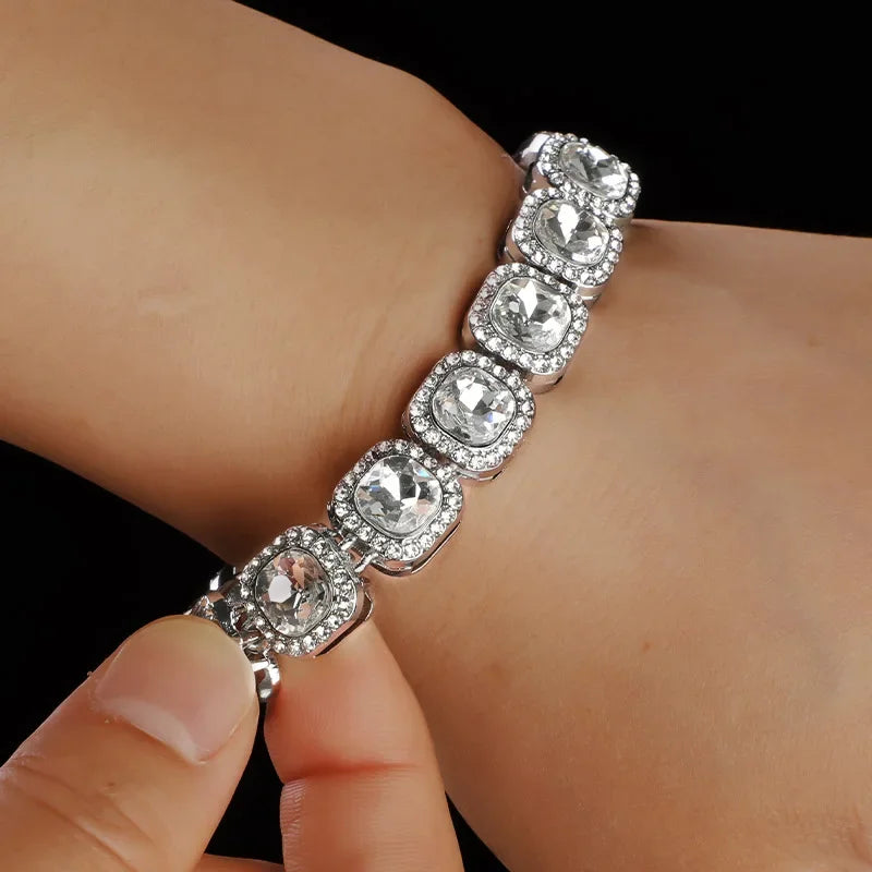 Luxury Hiphop Fashion Bling Rhinestone Cuban Chain Bracelet for Women Men Hip Hop Iced Out Link Chain Bracelets Jewelry
