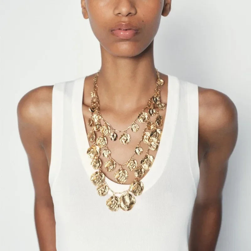 Fashion Jewelry Gold Color Vintage Cool Style Multi Layer Pendant Stacked Geometric Circular Pendant Coin Necklace