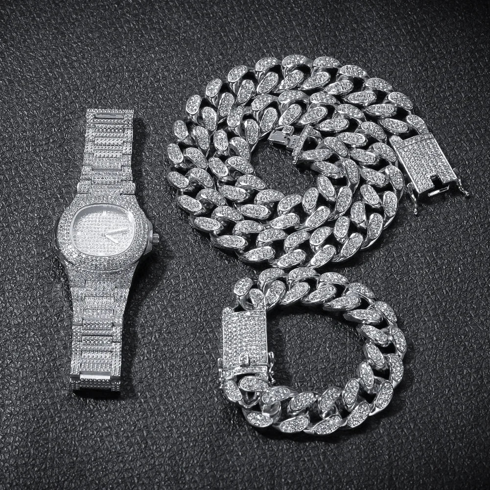 Gold Color Cuban Chain Watch for Men,Hip Hop Miami Curb,Iced Out Paved Rhinestones,Bling Rapper Necklace, Watch+Bracelet Jewelry
