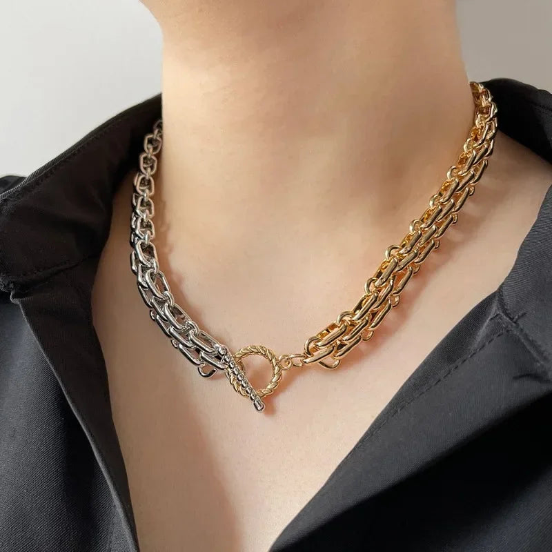 Gold Mixed Silver Color Necklace for Women Asymmetric Chain Choker Chunky Stainless Steel Chain Link Valentines Jewelry Gift