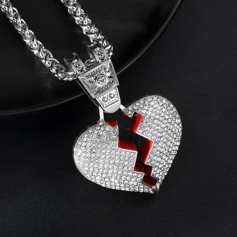 Men Hip Hop Chain Iced Out Bling Bling Heart Broke Pendant Necklace 5mm Miami Cuban Chain HipHop Necklaces Fashion Charm Jewelry