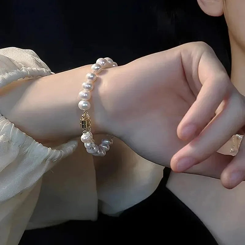 Luxury Freshwater pearl Strand Bracelets For Women Girl Elegant Gold Color Magnetic Buttons Jewelry Wedding Party