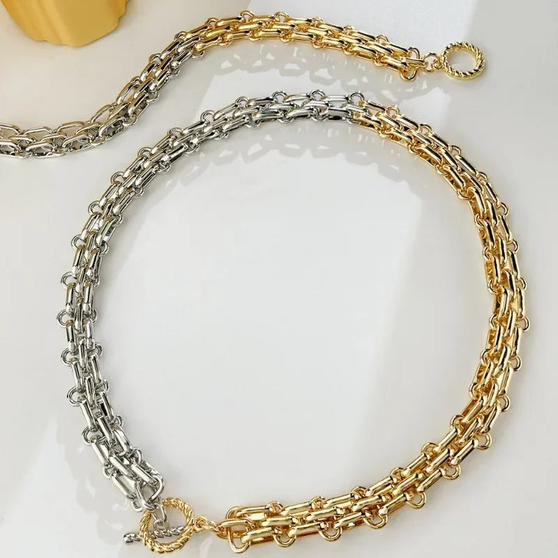 Gold Mixed Silver Color Necklace for Women Asymmetric Chain Choker Chunky Stainless Steel Chain Link Valentines Jewelry Gift