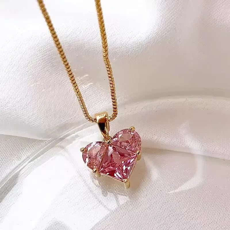 2024 New Fashion Trendy Y2k Crystal Pink Zircon Heart Pendant Necklace For Women Girl Elegant and Sweet Punk Party Jewelry