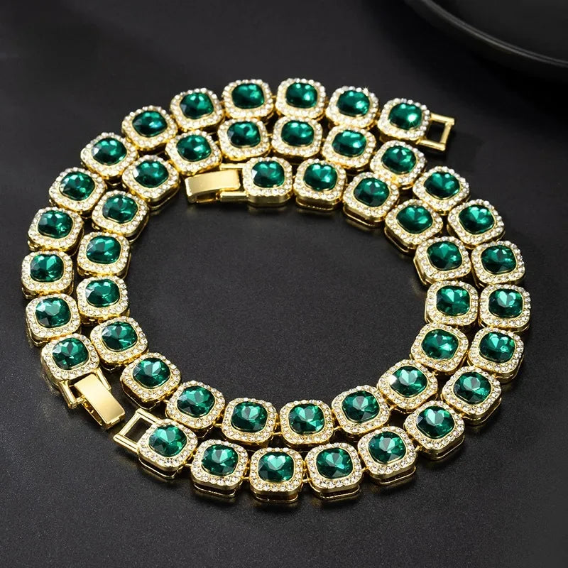 12mm Green sugar Hip Hop Shiny Cuban Link Chain Necklace Women Men Silver Color Rhinestone Iced Out Cuban Chain Punk Jewelry